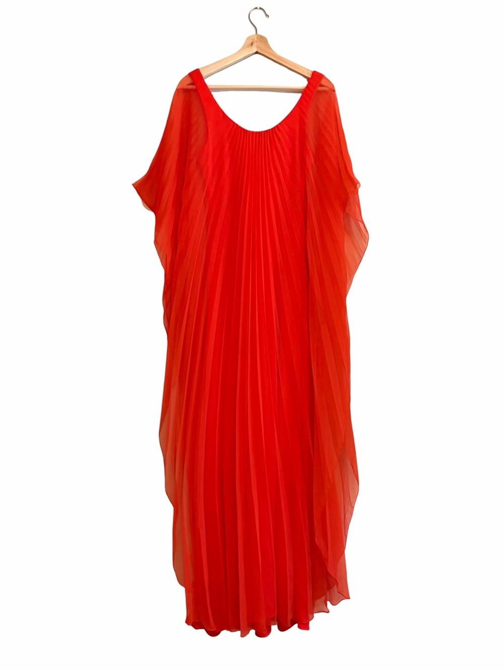 Vintage | Bright Orange Red Pleated Chiffon Goddess Dress - Picture 13 of 16